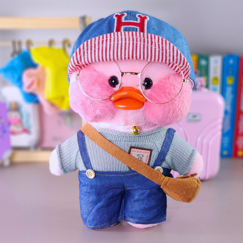 Paper Duck Pato Lalafanfan Rosa de pelúcia com roupas e acessórios macacão com boné