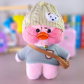 Paper Duck Pato Lalafanfan de pelúcia com blusão cinza touca urso - Pronta Entrega