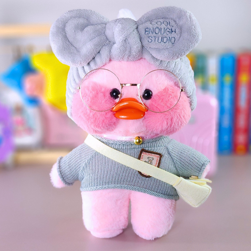 Paper Duck Pato Lalafanfan Rosa de pelúcia com roupas e acessórios blusão cinza com faixa cool