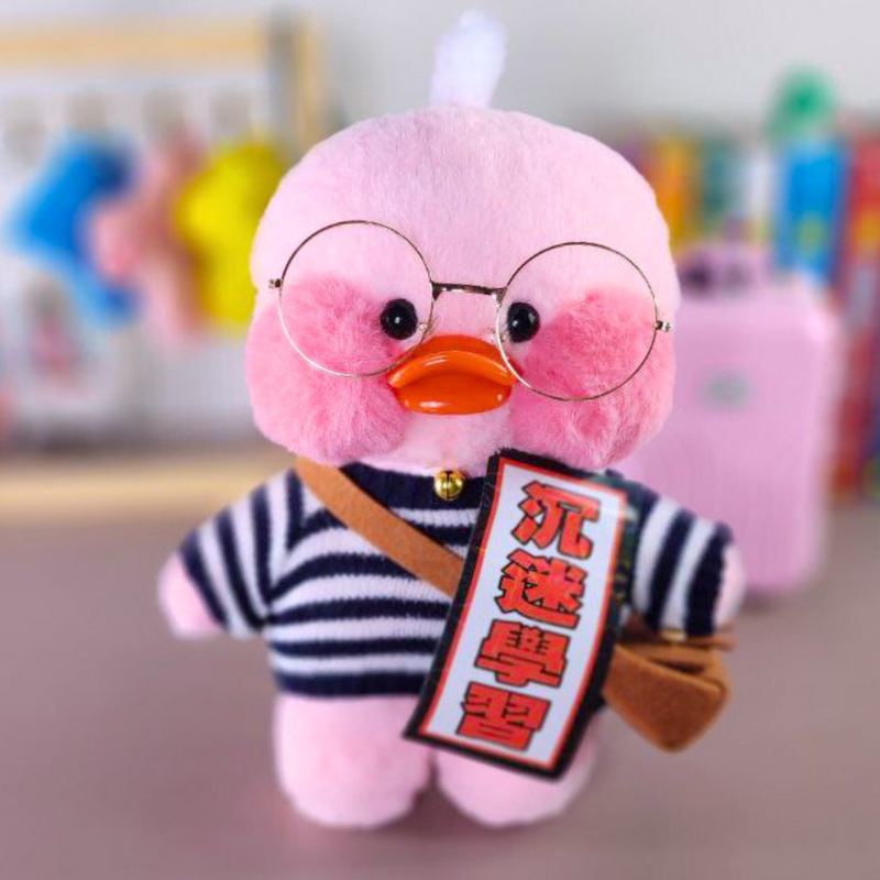 Pato Lalafanfan Rosa Paper Duck de pelúcia com roupas e acessórios blusão listrado preto