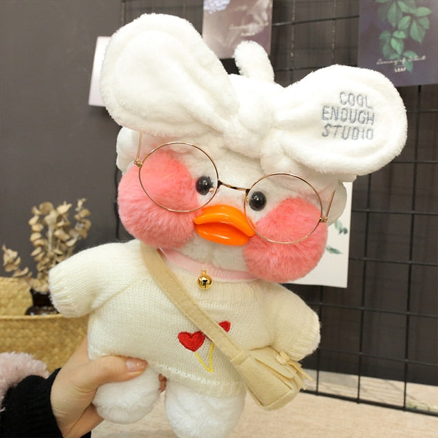 Pato de pelúcia Lalafanfan Cafe mimi 30 cm com roupas e acessórios