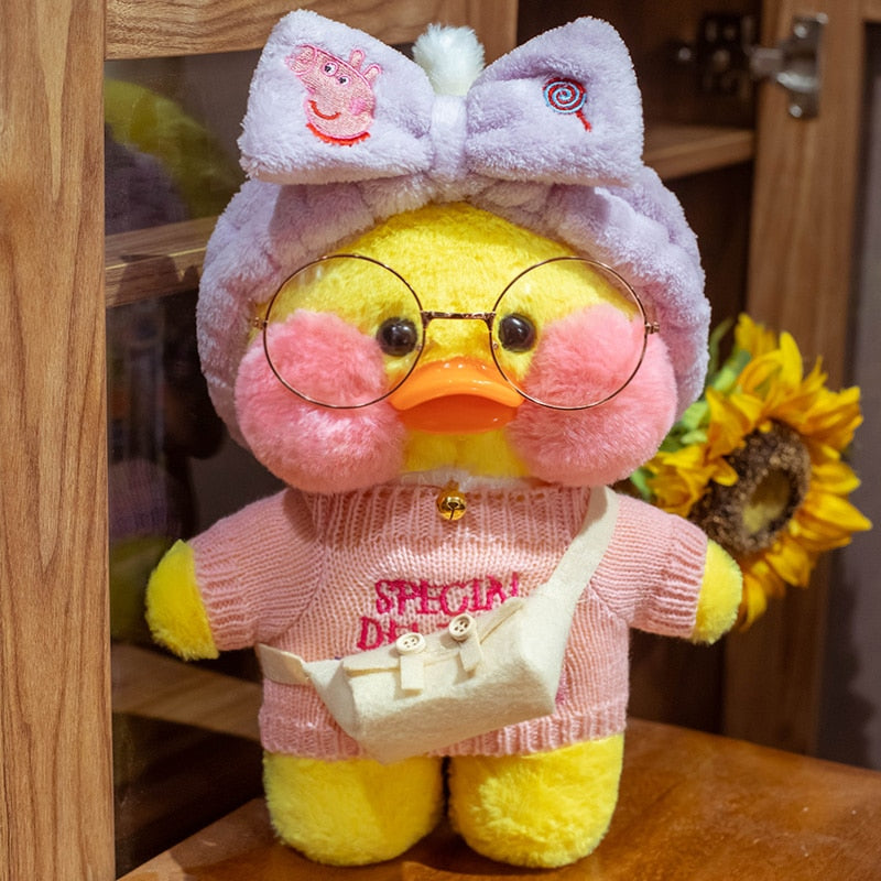 Pato Lalafanfan Amarelo Paper Duck de pelúcia com roupas e acessórios Conjunto Peppa