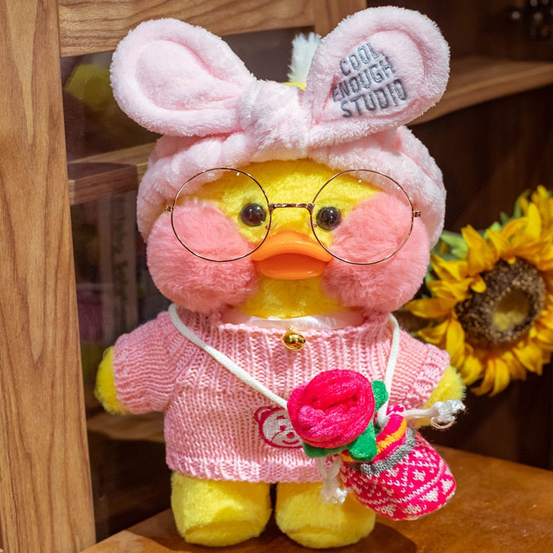 Pato Lalafanfan Amarelo Paper Duck de pelúcia com roupas e acessórios Conjunto rosa flor