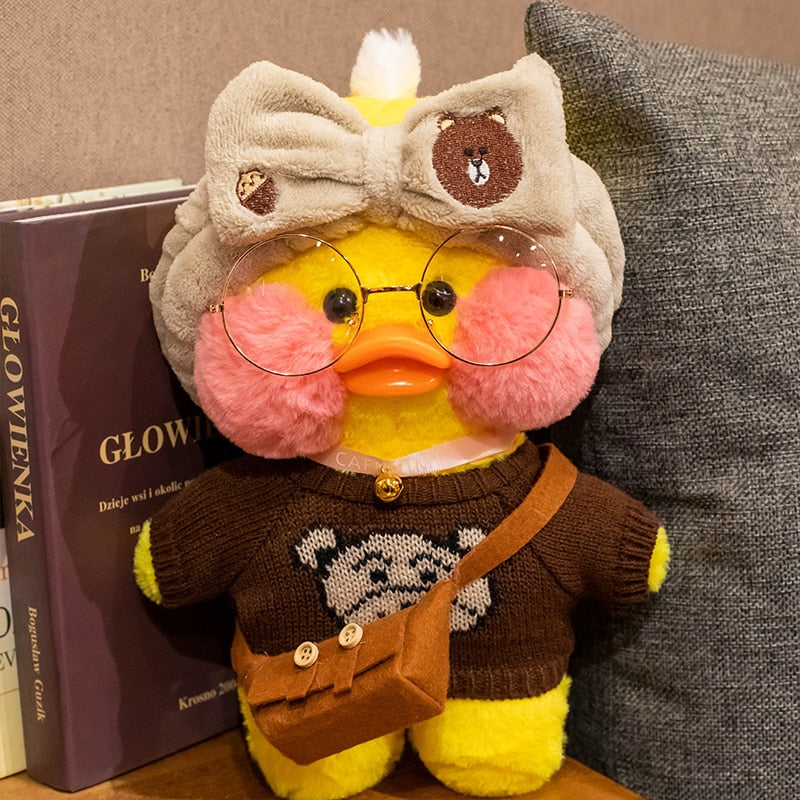 Pato Lalafanfan Amarelo Paper Duck de pelúcia com roupas e acessórios Conjunto urso