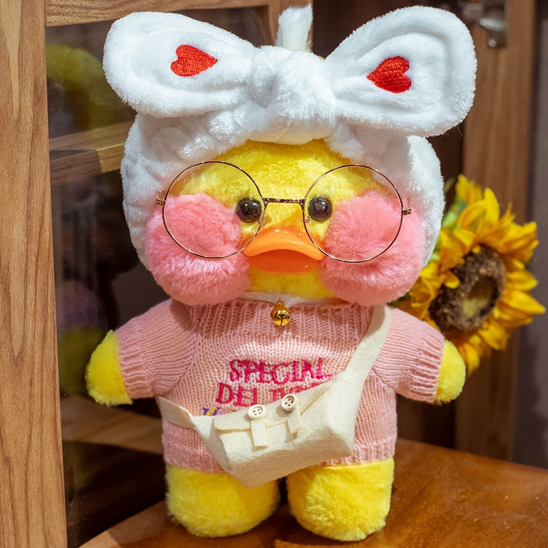 Pato Lalafanfan Amarelo Paper Duck de pelúcia com roupas e acessórios Conjunto rosa e coração