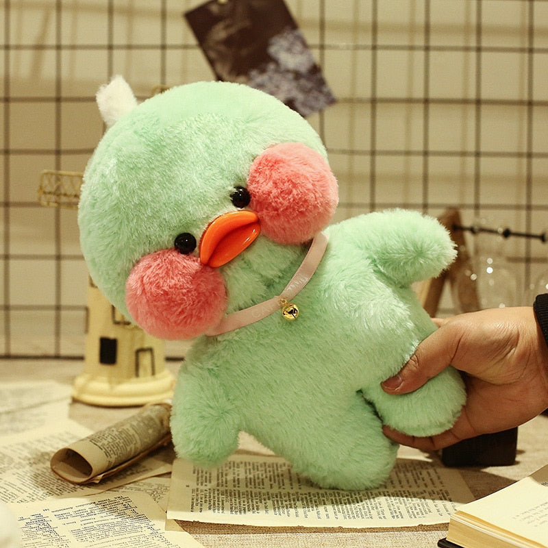 Pato Lalafanfan Verde Paper Duck de pelúcia com roupas e acessórios Conjunto pompom