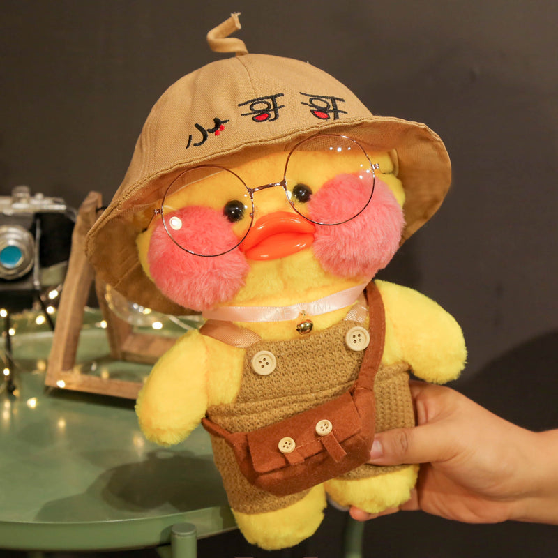 Pato Lalafanfan Amarelo Paper Duck de pelúcia com roupas e acessórios Conjunto jardineira com chapéu
