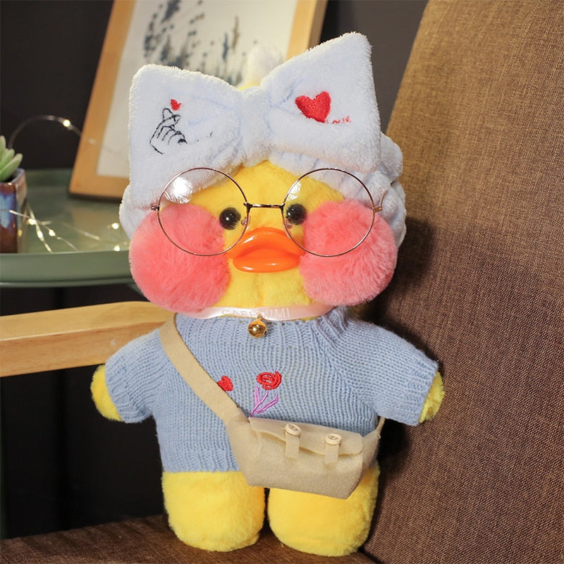 Pato Lalafanfan Amarelo Paper Duck de pelúcia com roupas e acessórios Conjunto azul coração de dedo