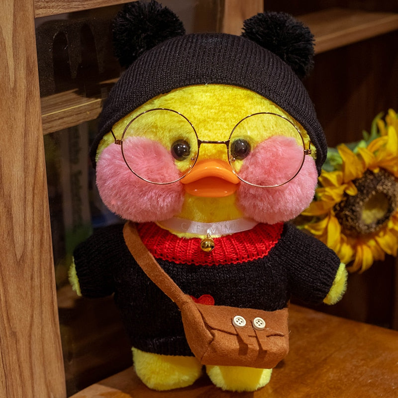 Pato Lalafanfan Amarelo Paper Duck de pelúcia com roupas e acessórios Conjunto preto com pompom