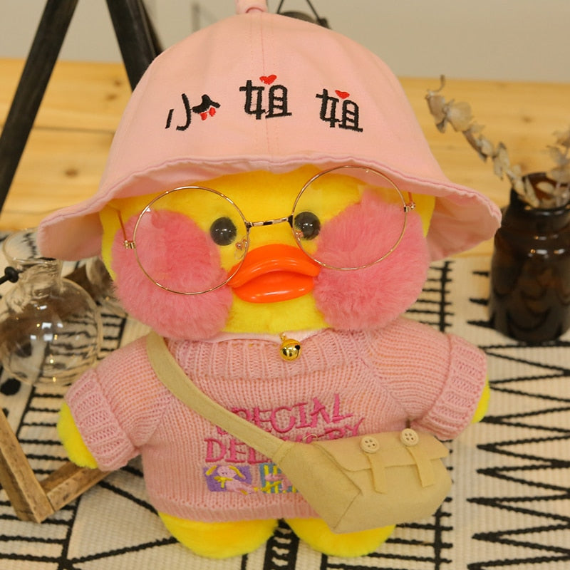 Pato Lalafanfan Amarelo Paper Duck de pelúcia com roupas e acessórios Conjunto com chapéu rosa