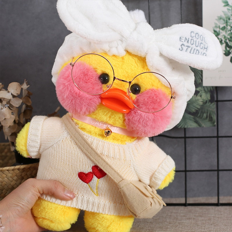 Pato Lalafanfan Amarelo Paper Duck de pelúcia com roupas e acessórios Conjunto claro