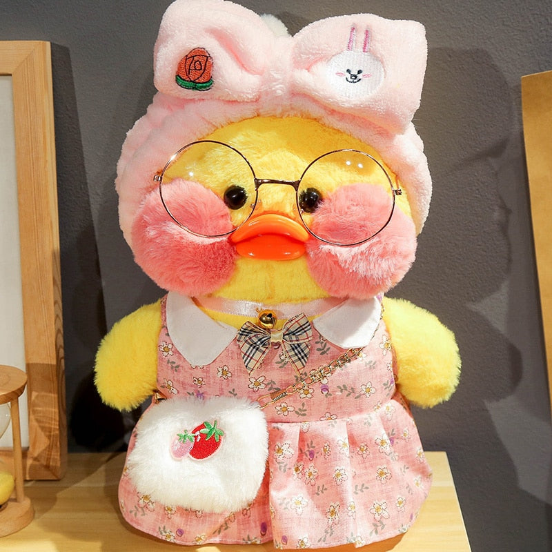 Pato Lalafanfan Amarelo Paper Duck de pelúcia com roupas e acessórios Conjunto vestido rosa com coelho
