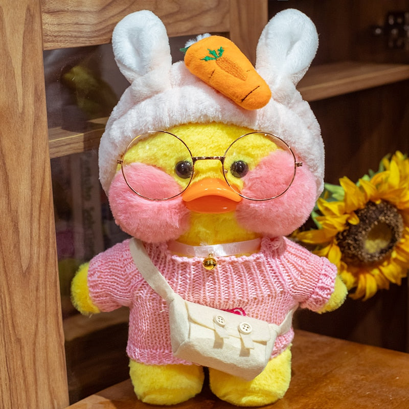 Pato Lalafanfan Amarelo Paper Duck de pelúcia com roupas e acessórios Conjunto orelha e cenoura