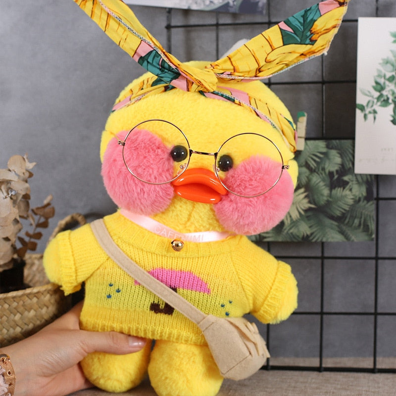 Pato Lalafanfan Amarelo Paper Duck de pelúcia com roupas e acessórios Conjunto amarelo chuva