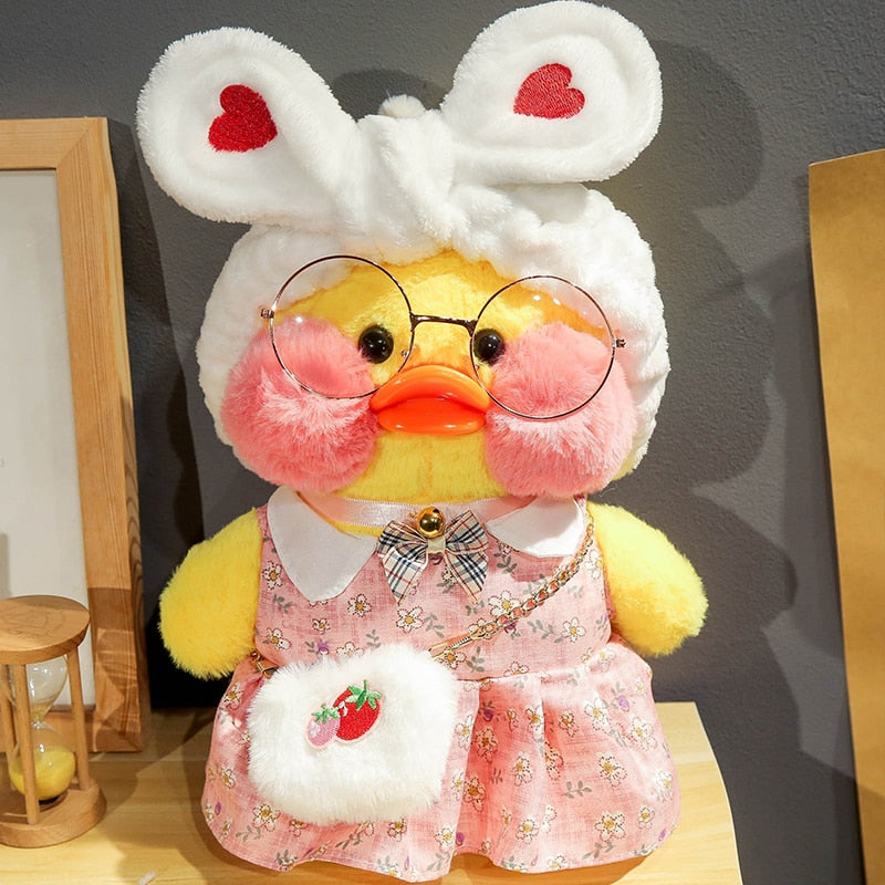 Pato Lalafanfan Amarelo Paper Duck de pelúcia com roupas e acessórios Conjunto vestido rosa