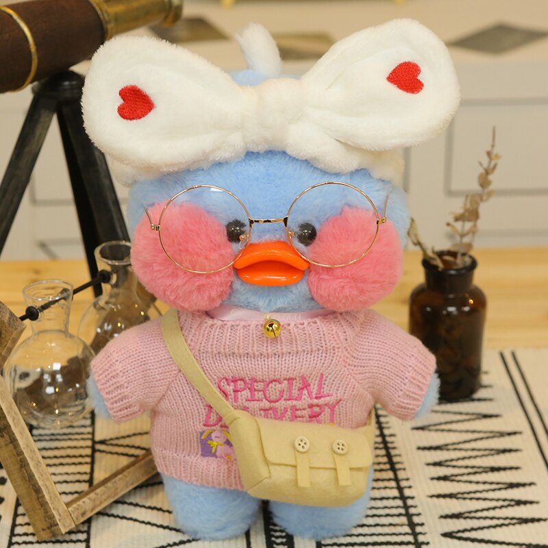 Pato Lalafanfan Azul Paper Duck de pelúcia com roupas e acessórios Conjunto rosa com coração