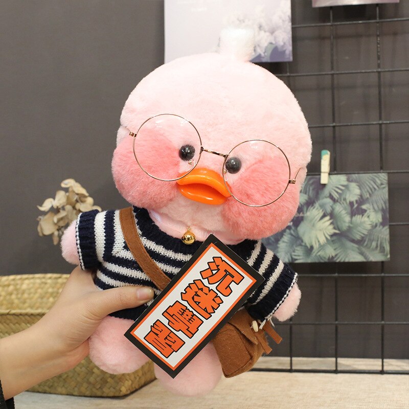 Pato Lalafanfan Rosa Paper Duck de pelúcia com roupas e acessórios Listrado preto