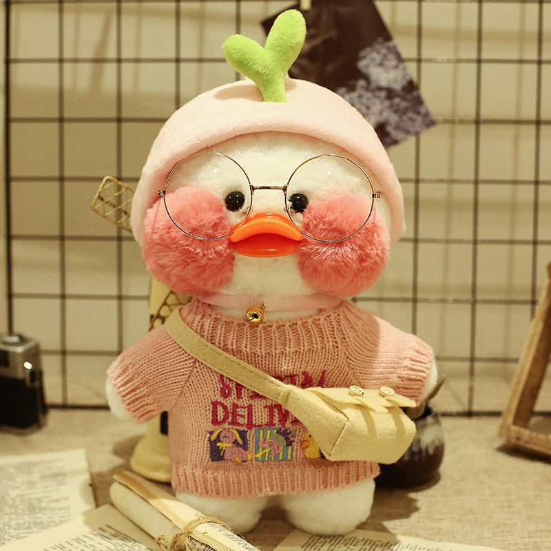 Pato Lalafanfan Branco Paper Duck de pelúcia com roupas e acessórios Conjunto rosa frutinha