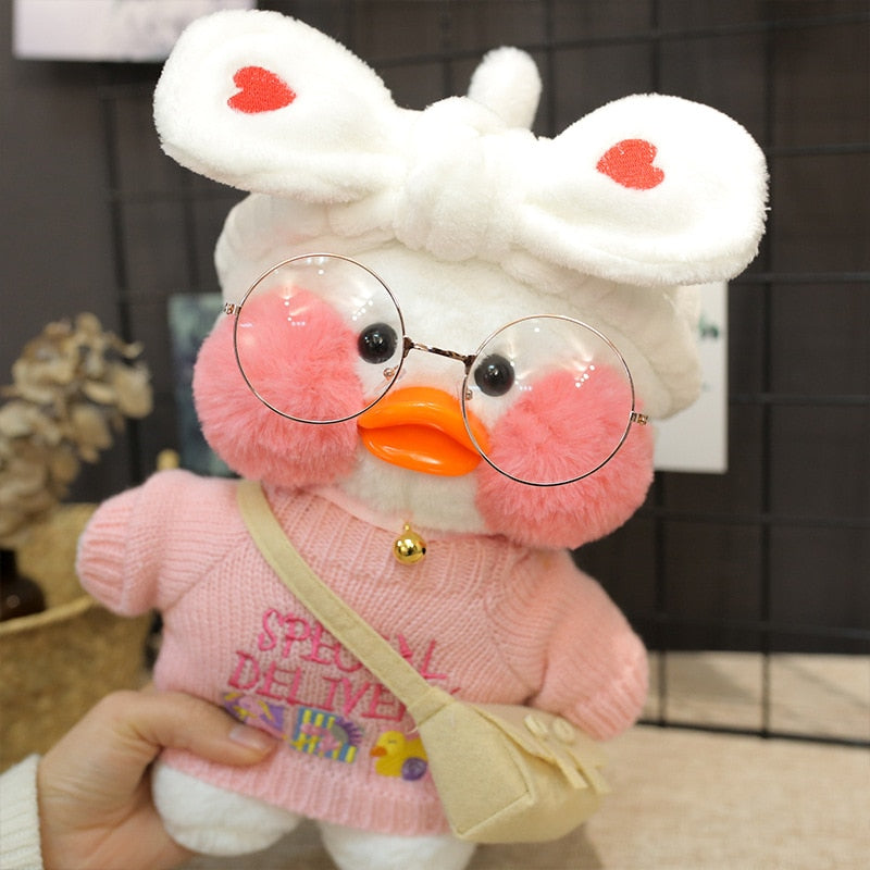 Pato Lalafanfan Branco Paper Duck de pelúcia com roupas e acessórios Conjunto rosa com corações