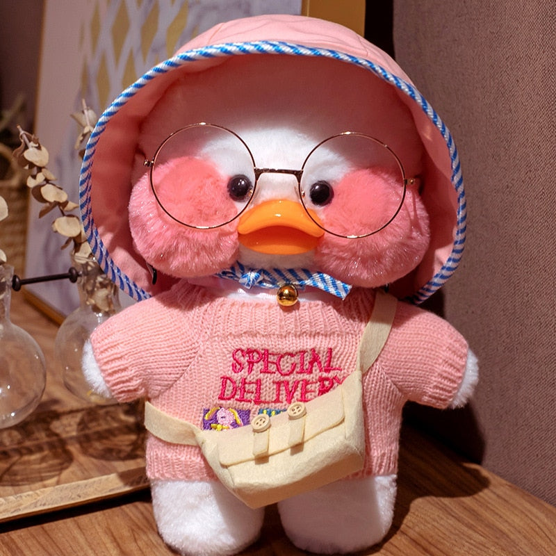 Pato Lalafanfan Branco Paper Duck de pelúcia com roupas e acessórios Conjunto rosa com chapéu