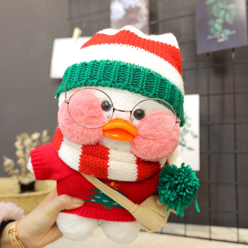 Pato Lalafanfan Branco Paper Duck de pelúcia com roupas e acessórios Conjunto de natal touca