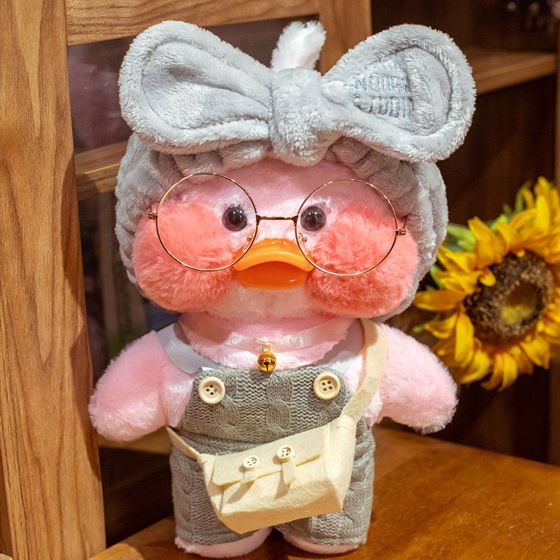 Pato Lalafanfan Rosa Paper Duck de pelúcia com roupas e acessórios Conjunto Jardineira