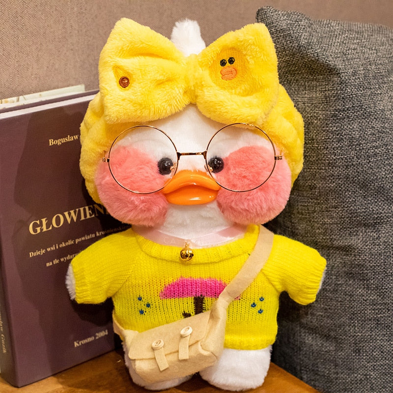 Pato Lalafanfan Branco Paper Duck de pelúcia com roupas e acessórios Conjunto pato de chuva amarelo