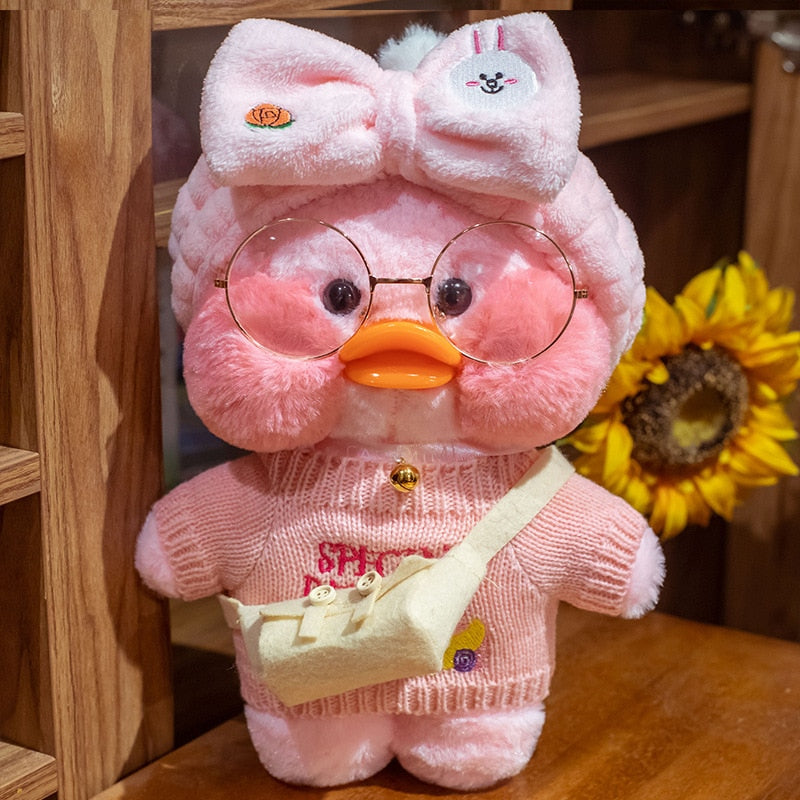 Pato Lalafanfan Rosa Paper Duck de pelúcia com roupas e acessórios Conjunto rosa coelho