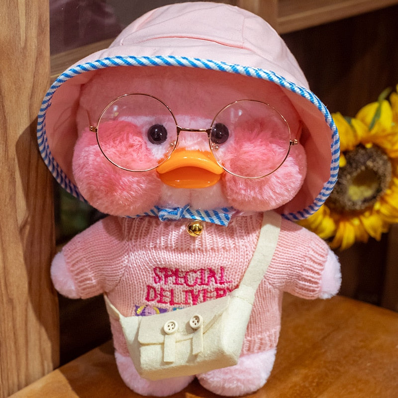 Pato Lalafanfan Rosa Paper Duck de pelúcia com roupas e acessórios Conjunto rosa com chapéu com listras azuis