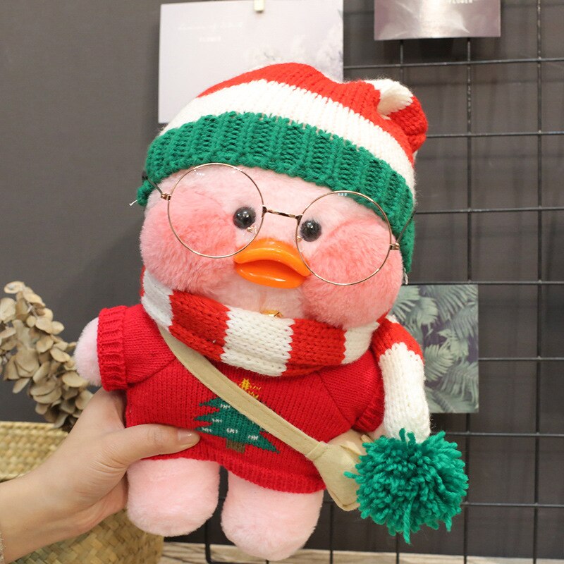 Pato Lalafanfan Rosa Paper Duck de pelúcia com roupas e acessórios Conjunto natal