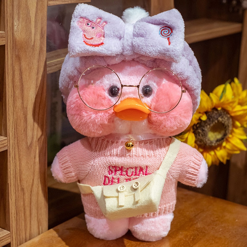 Pato Lalafanfan Rosa Paper Duck de pelúcia com roupas e acessórios Conjunto Peppa