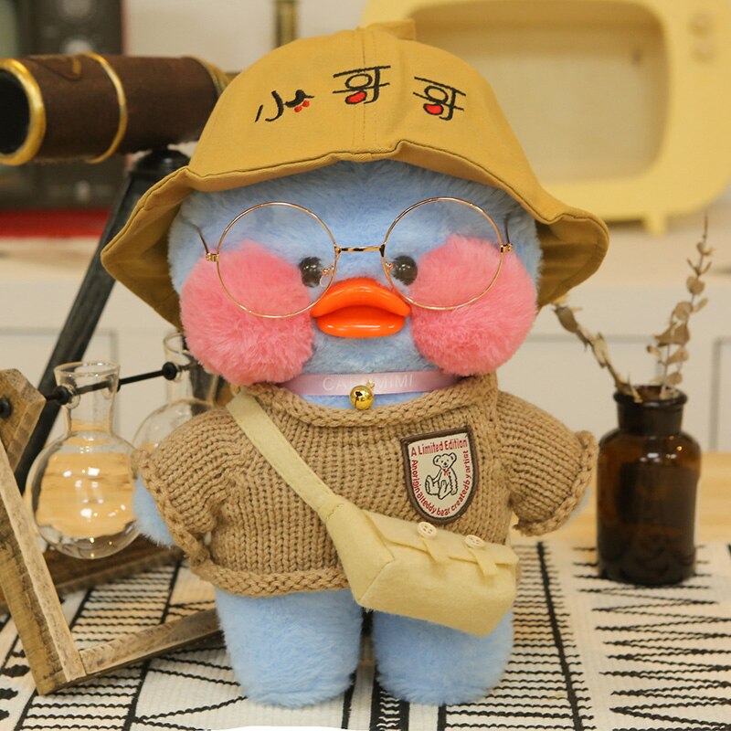 Pato Lalafanfan Azul Paper Duck de pelúcia com roupas e acessórios Conjunto chapéu marrom
