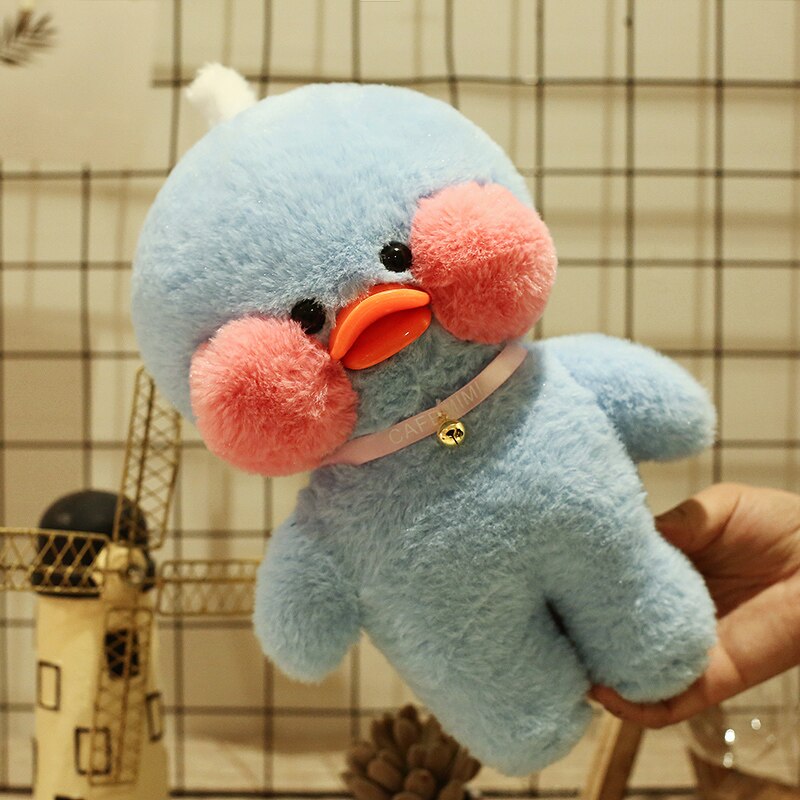 Pato Lalafanfan Azul Paper Duck de pelúcia com roupas e acessórios Conjunto rosa olhos
