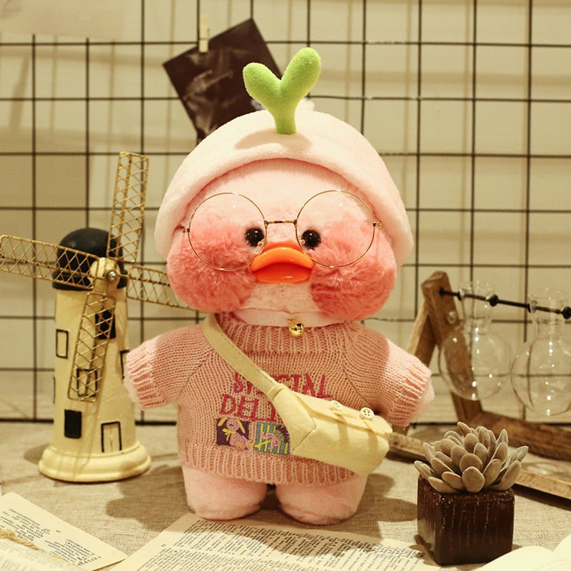 Pato Lalafanfan Rosa Paper Duck de pelúcia com roupas e acessórios Conjunto rosa frutinha
